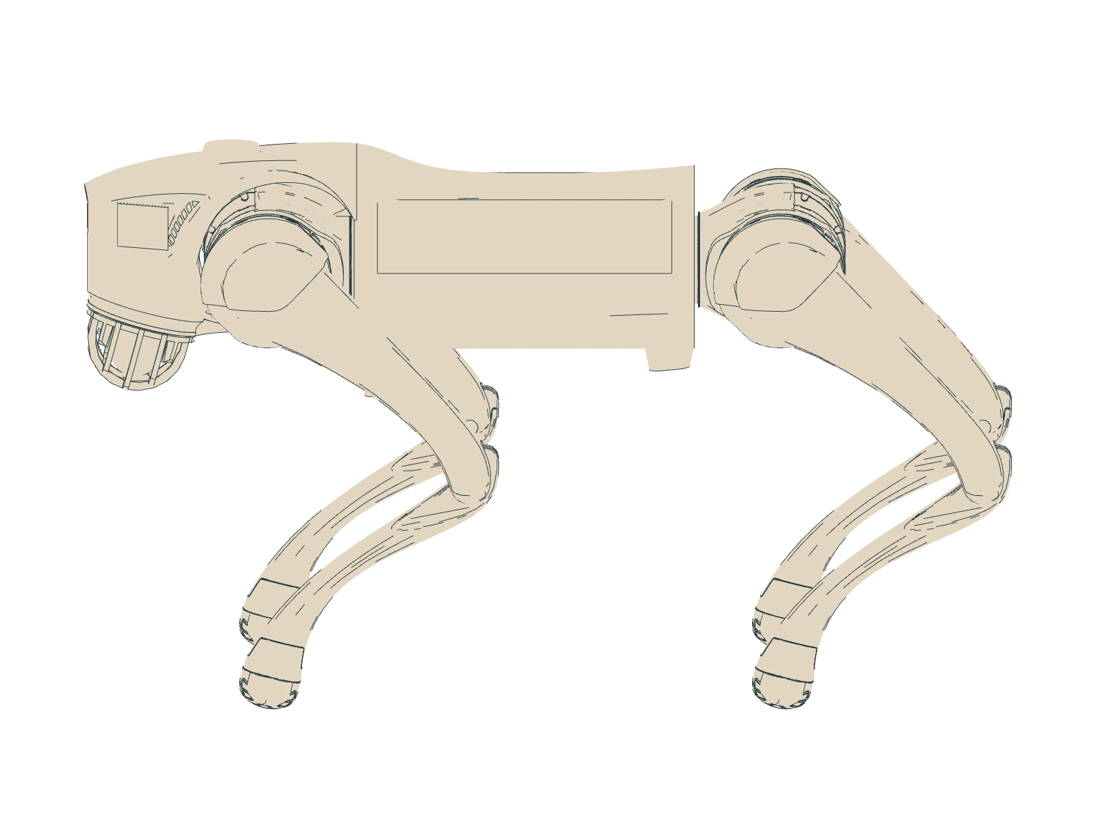 Technical side elevation of the illustrative quadruped, showing its chassis and articulated legs.