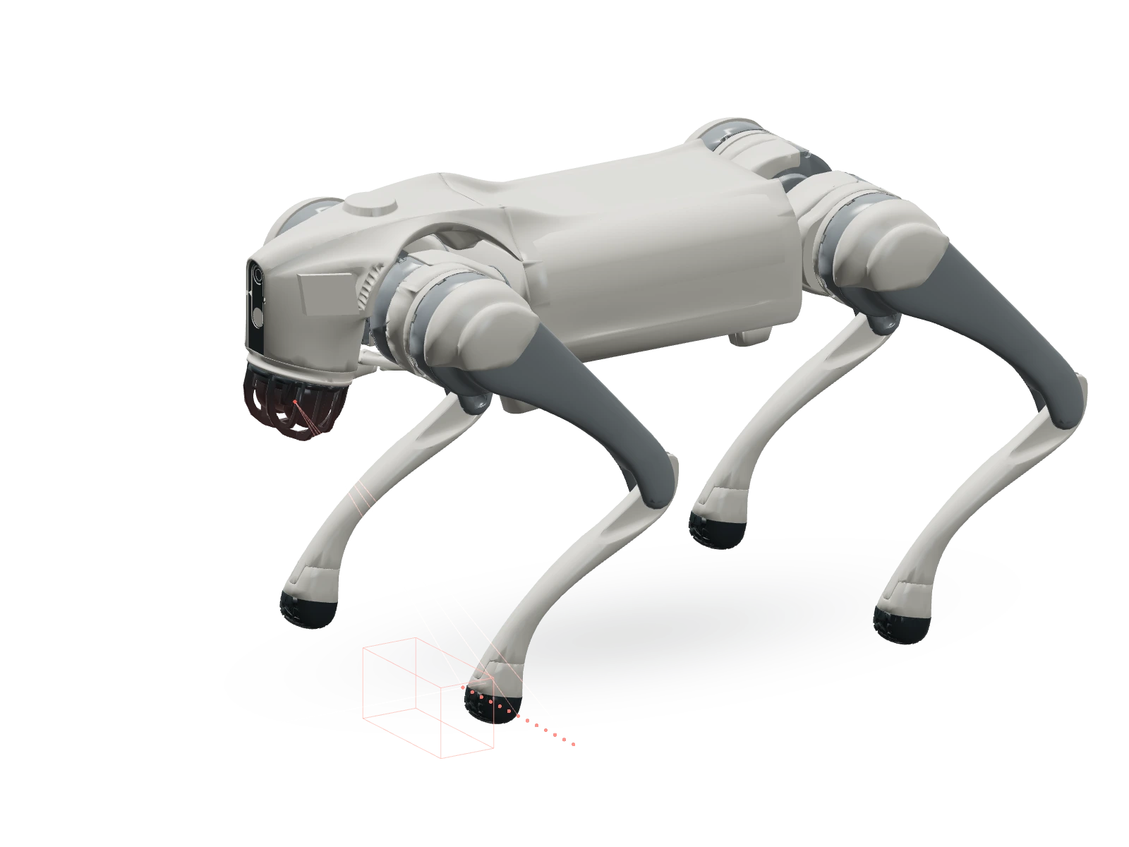 Unbranded quadruped illustrating how observations, a local policy, and joint commands form a robot control loop.